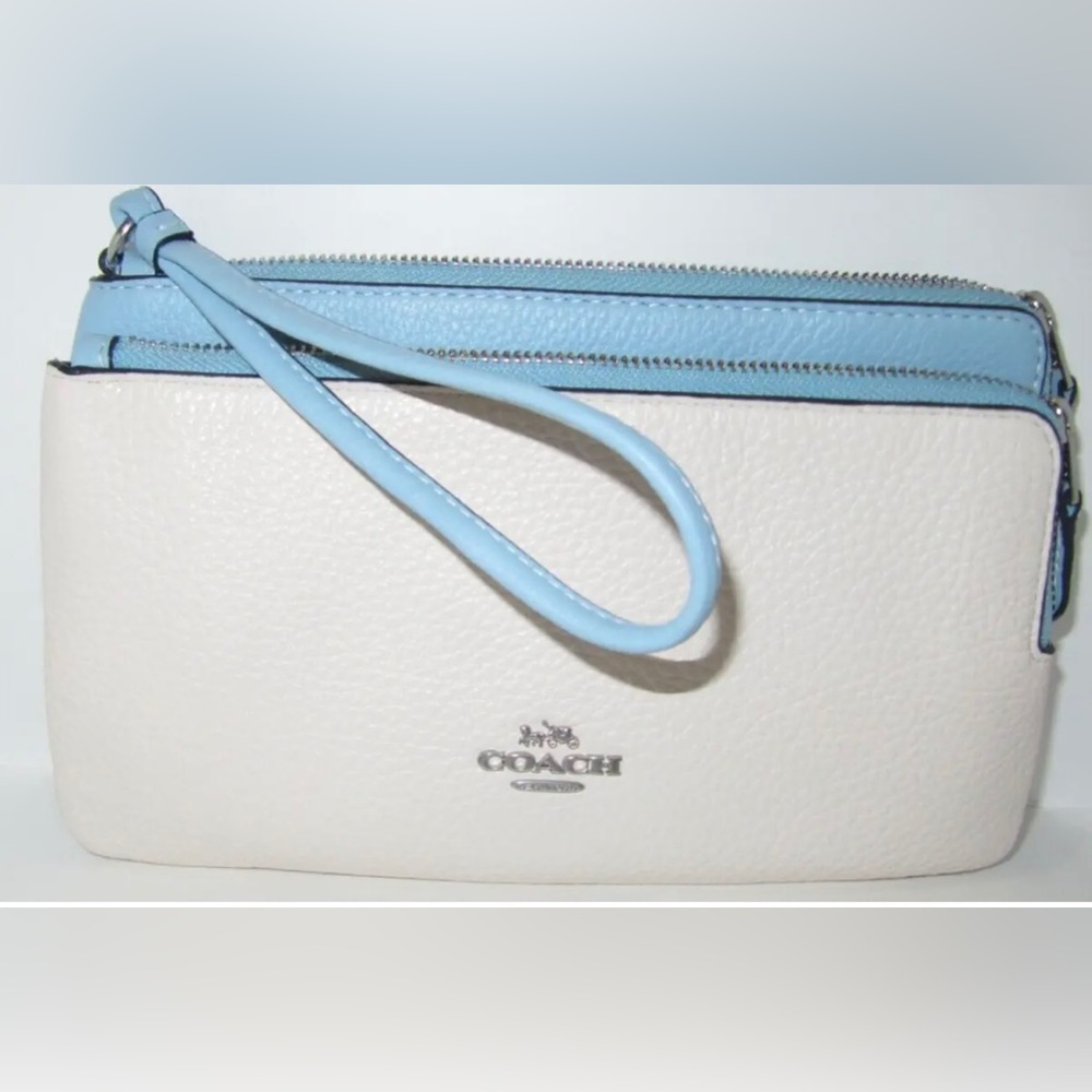 Coach CF447 Contrast Double Zip Wallet Wristlet Chalk & Waterfall Blue NWT $198